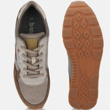 Bugatti Sacramento brown comfort sneakers, featuring beige and brown panels, mesh texture, and a patterned rubber sole.
