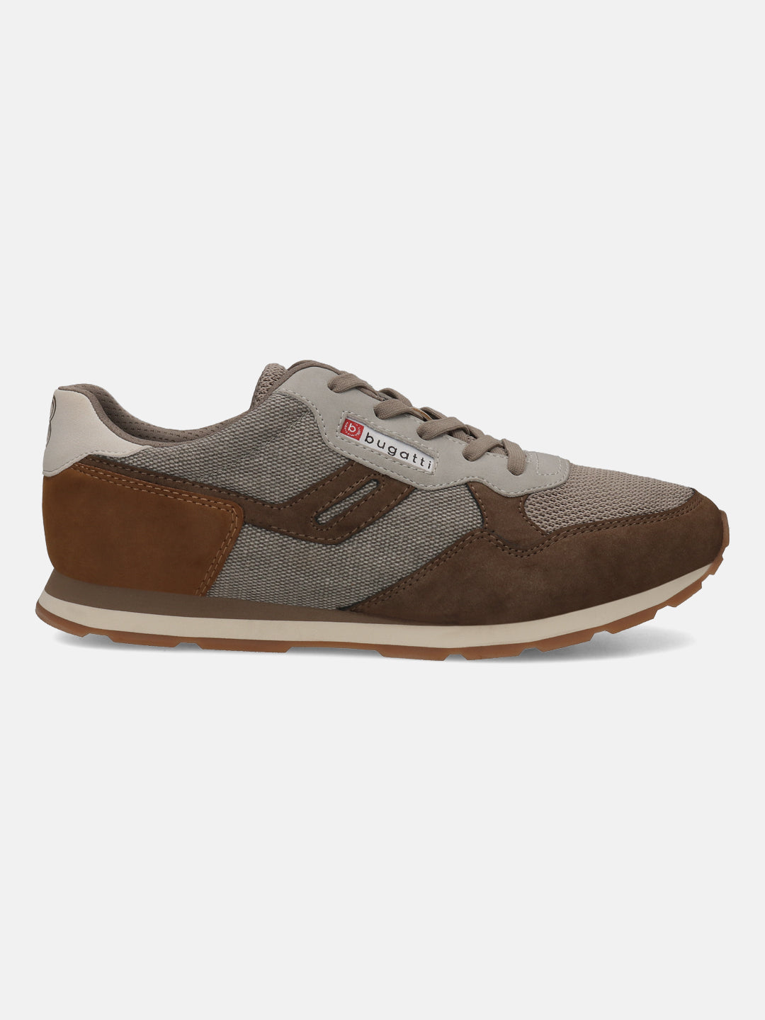 Side view of the bugatti Sacramento Comfort Sneakers in brown suede and textile, with a beige sole.