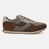Side view of the bugatti Sacramento Comfort Sneakers in brown suede and textile, with a beige sole.