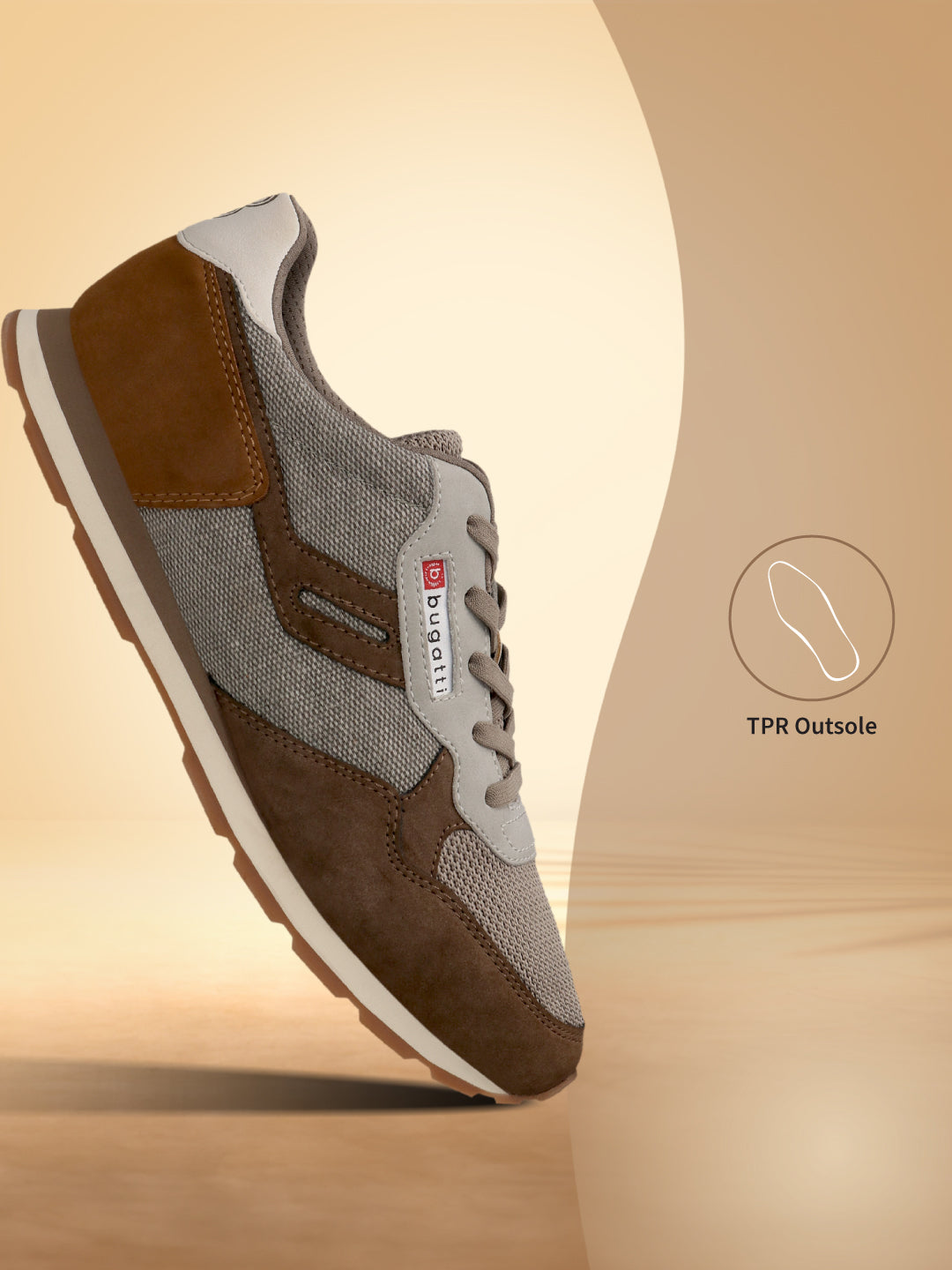Side view of a bugatti Sacramento brown comfort sneaker, featuring a fabric and suede upper with a lace-up closure.

