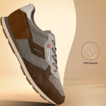 Side view of a bugatti Sacramento brown comfort sneaker, featuring a fabric and suede upper with a lace-up closure.
