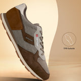 Side view of a bugatti Sacramento brown comfort sneaker, featuring a fabric and suede upper with a lace-up closure.
