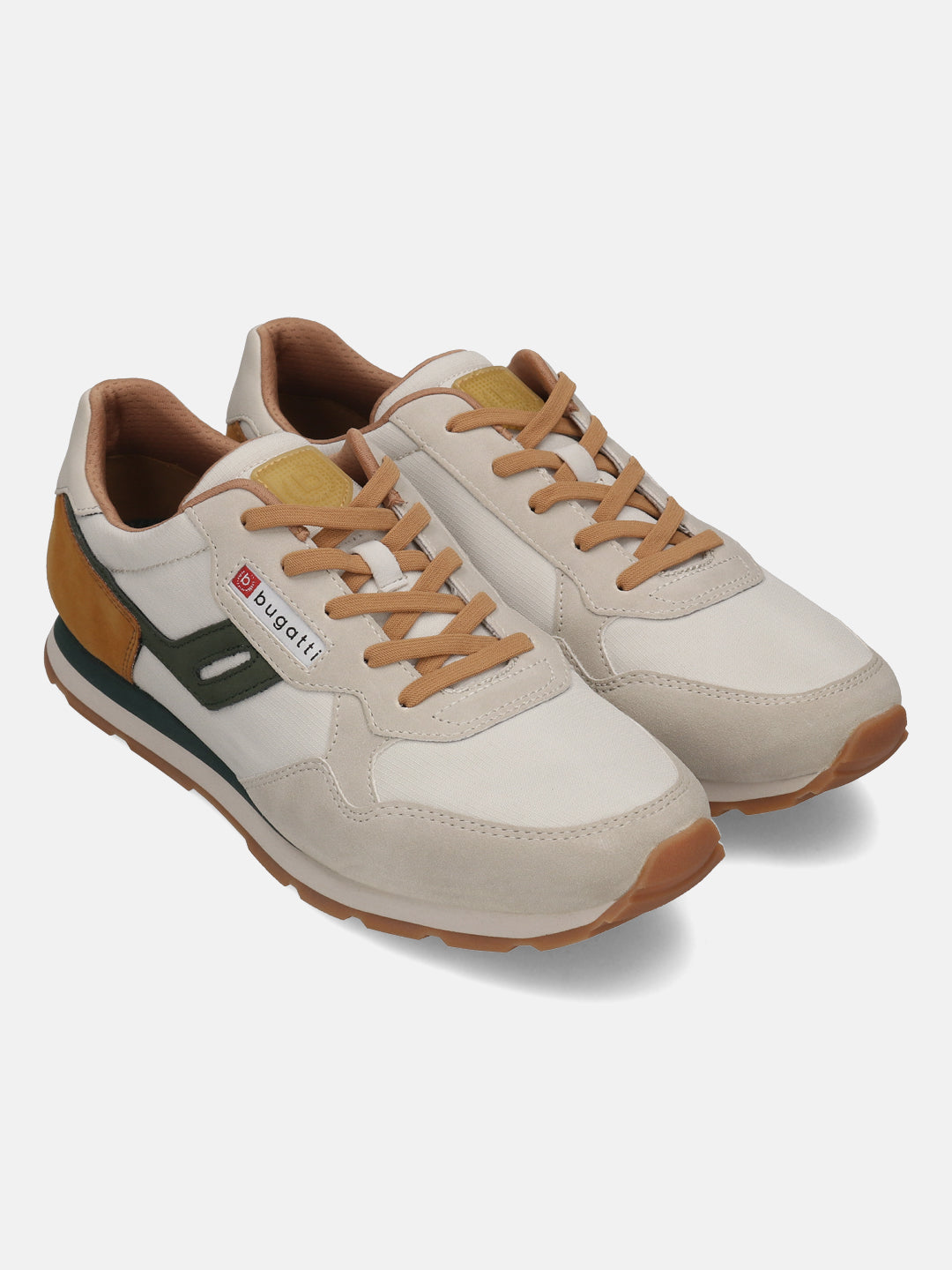 Pair of bugatti Sacramento comfort sneakers in off-white, with suede accents and brown laces.
