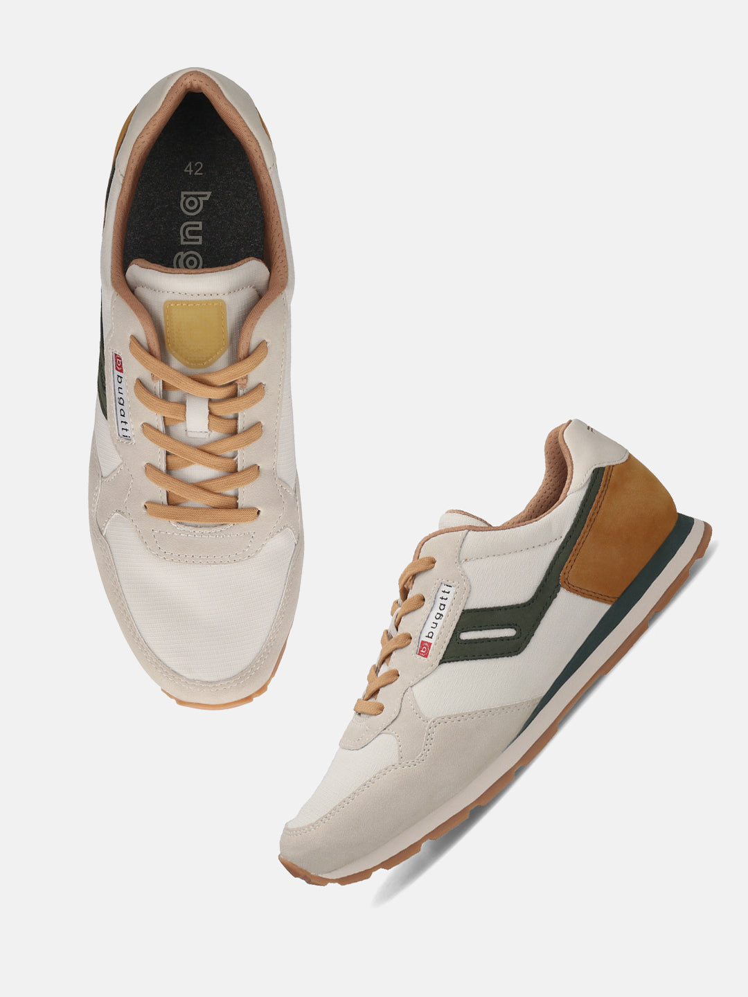 bugatti Sacramento comfort sneakers in off-white with suede accents, a dark green stripe, and tan laces.
