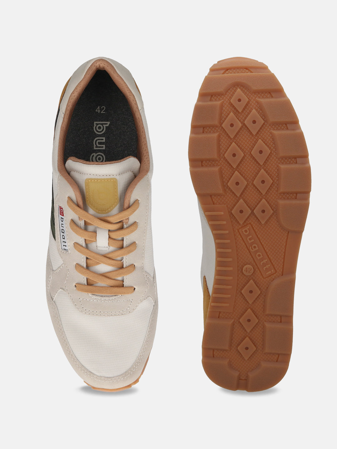 bugatti Sacramento offwhite sneakers with tan laces and brown rubber soles, shown from above.
