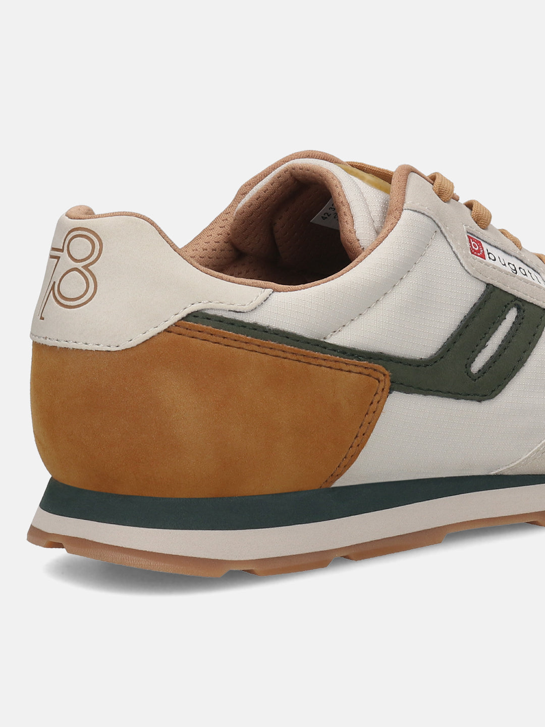 Cropped back view of a bugatti Sacramento off-white sneaker with brown suede heel and dark green accents.
