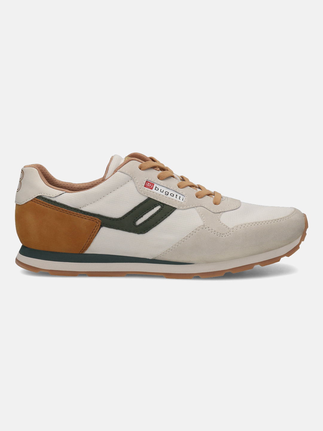 Side view of a bugatti Sacramento Comfort Sneaker in off-white with brown leather accents and dark green stripe detail.
