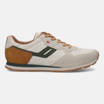 Side view of a bugatti Sacramento Comfort Sneaker in off-white with brown leather accents and dark green stripe detail.
