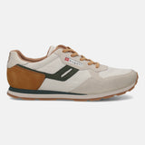 Side view of a bugatti Sacramento Comfort Sneaker in off-white with brown leather accents and dark green stripe detail.
