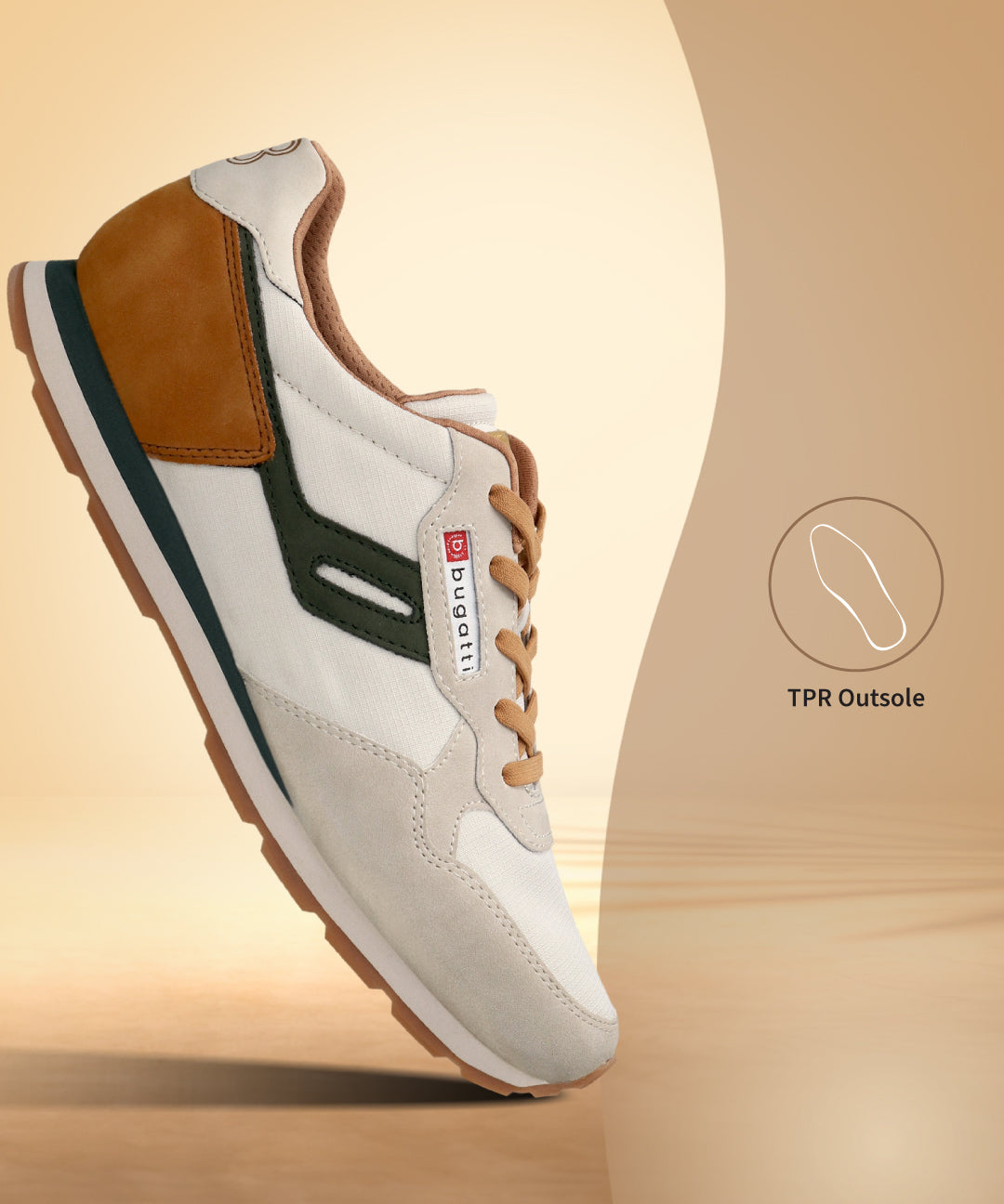 Side view of the bugatti Sacramento offwhite sneakers, with suede and canvas panels and dark green detailing.
