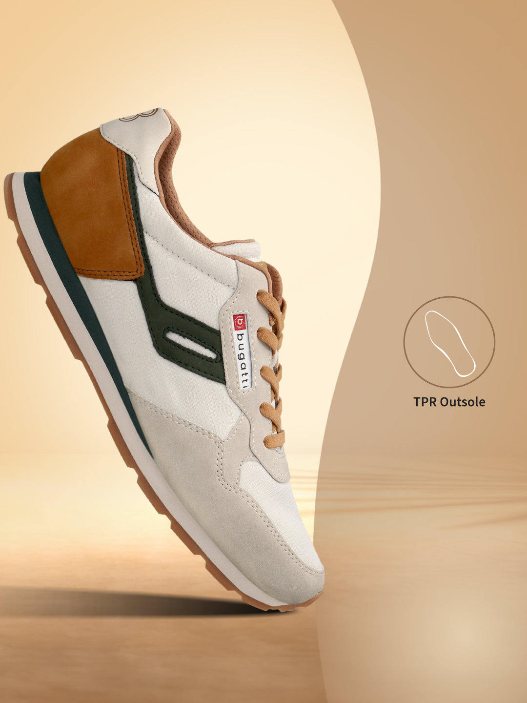 Side view of the bugatti Sacramento offwhite sneakers, with suede and canvas panels and dark green detailing.
