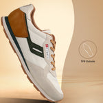 Side view of the bugatti Sacramento offwhite sneakers, with suede and canvas panels and dark green detailing.

