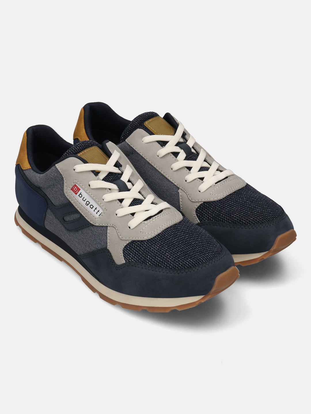bugatti Sacramento Comfort Sneakers in navy and gray with mesh and suede accents.