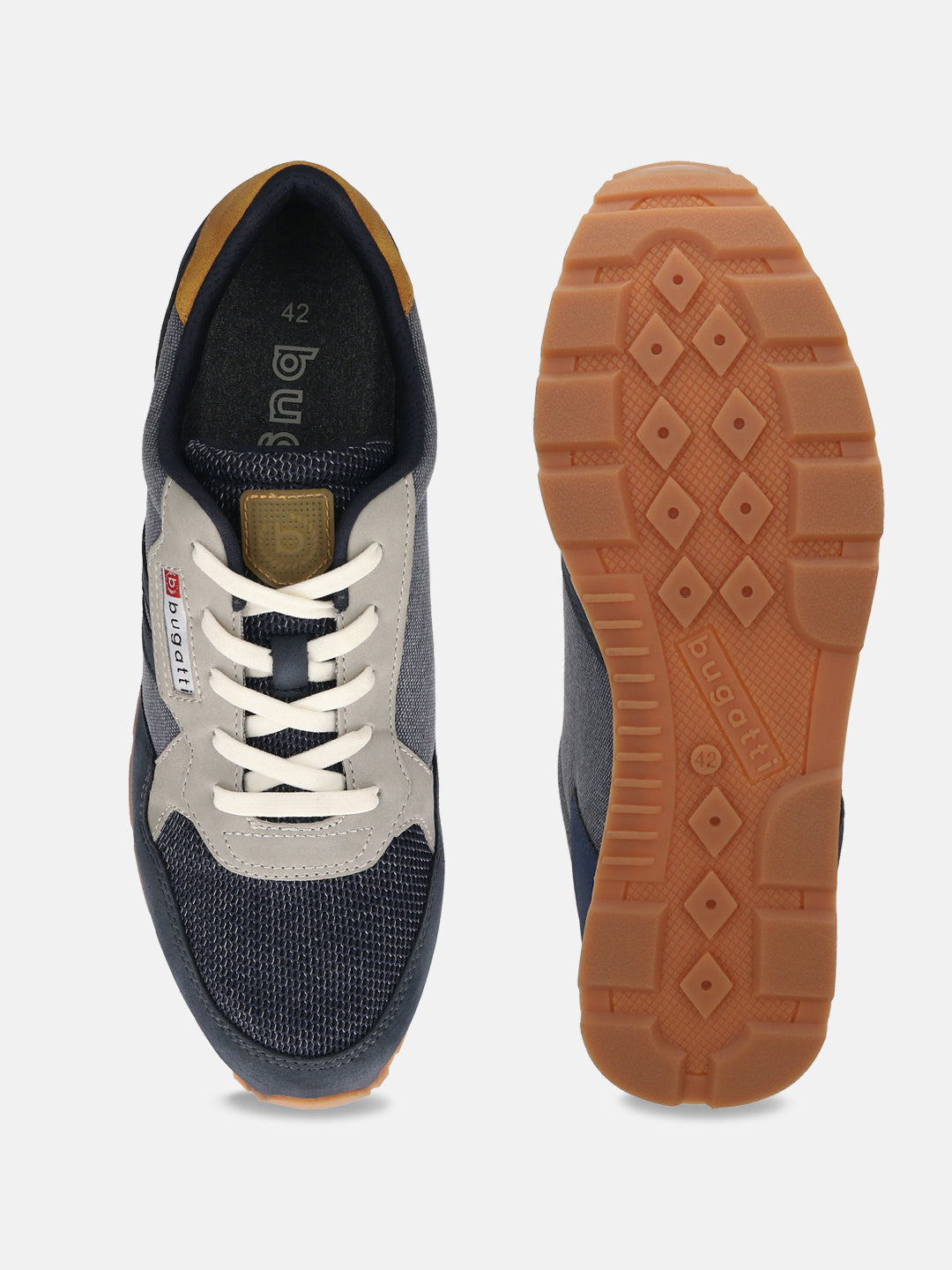 bugatti Sacramento multicolor comfort sneakers, shown from the top and sole, featuring white laces and a brown outsole.
