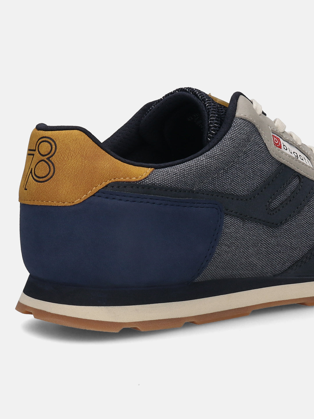 Cropped back view of a bugatti Sacramento comfort sneaker in multicolor textile with a brown rubber sole.