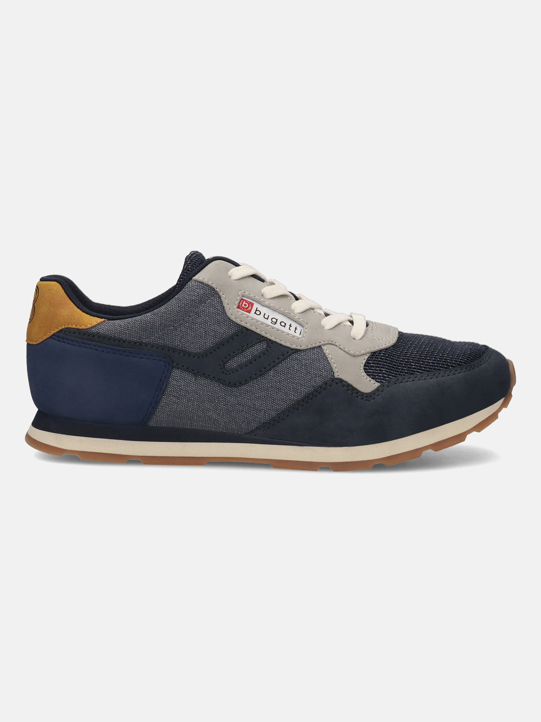 Side view of the bugatti Sacramento comfort sneaker, a multicolor low-top shoe with a beige sole and white laces.