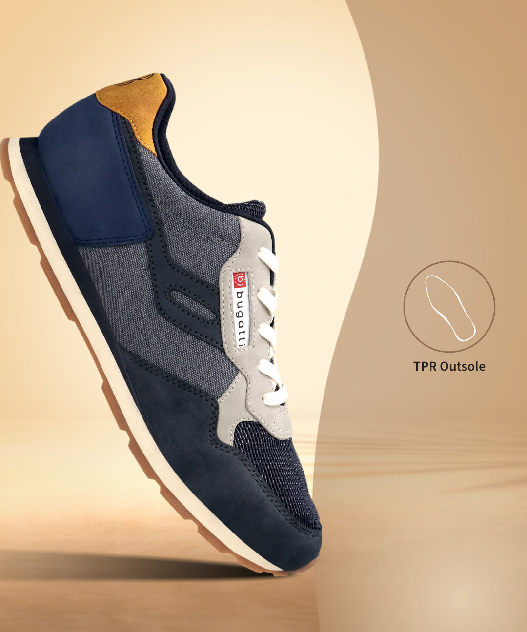 Side view of a bugatti Sacramento Comfort Sneaker, made with blue and gray textile and synthetic materials.