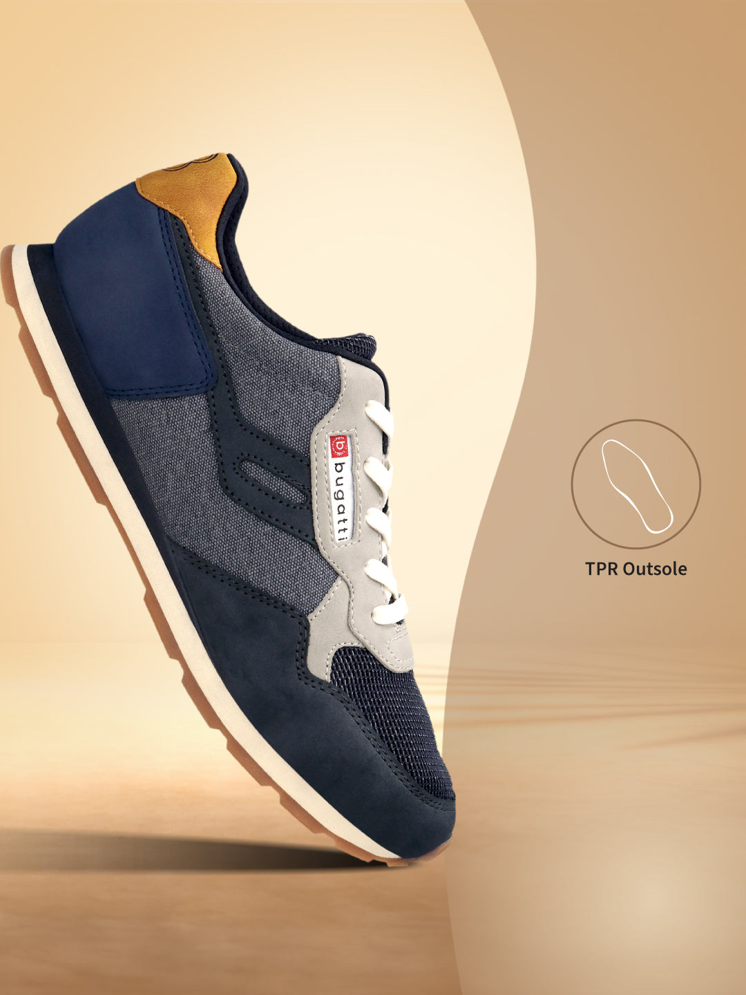 Side view of a bugatti Sacramento Comfort Sneaker, made with blue and gray textile and synthetic materials.