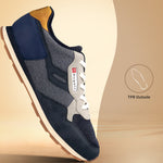 Side view of a bugatti Sacramento Comfort Sneaker, made with blue and gray textile and synthetic materials.