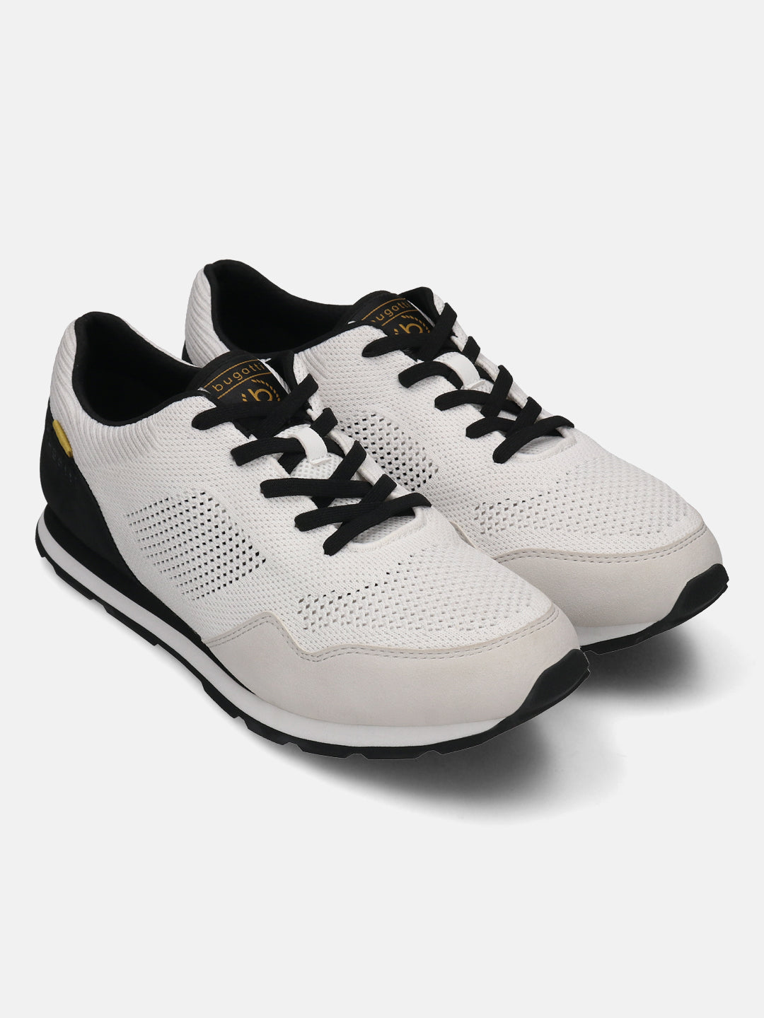 Pair of bugatti Sacramento white sneakers featuring a breathable mesh upper, black laces, and cushioned sole.