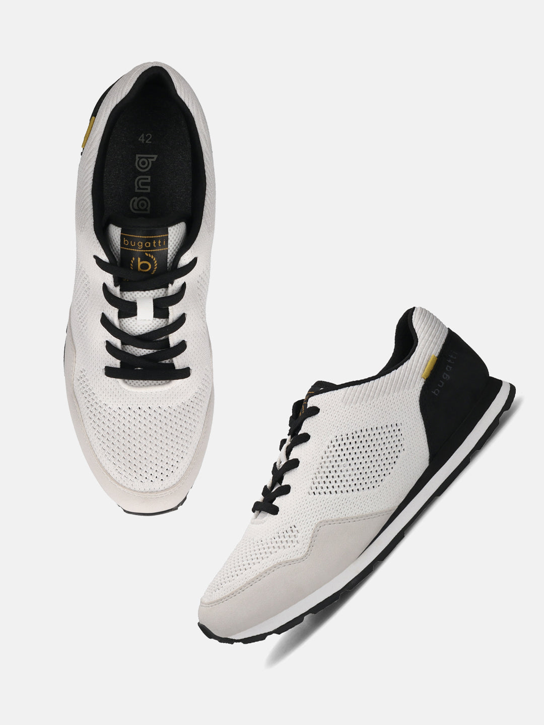 Bugatti Sacramento white comfort sneakers with black laces, a white knitted upper, and suede trim.