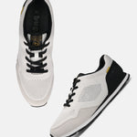 Bugatti Sacramento white comfort sneakers with black laces, a white knitted upper, and suede trim.