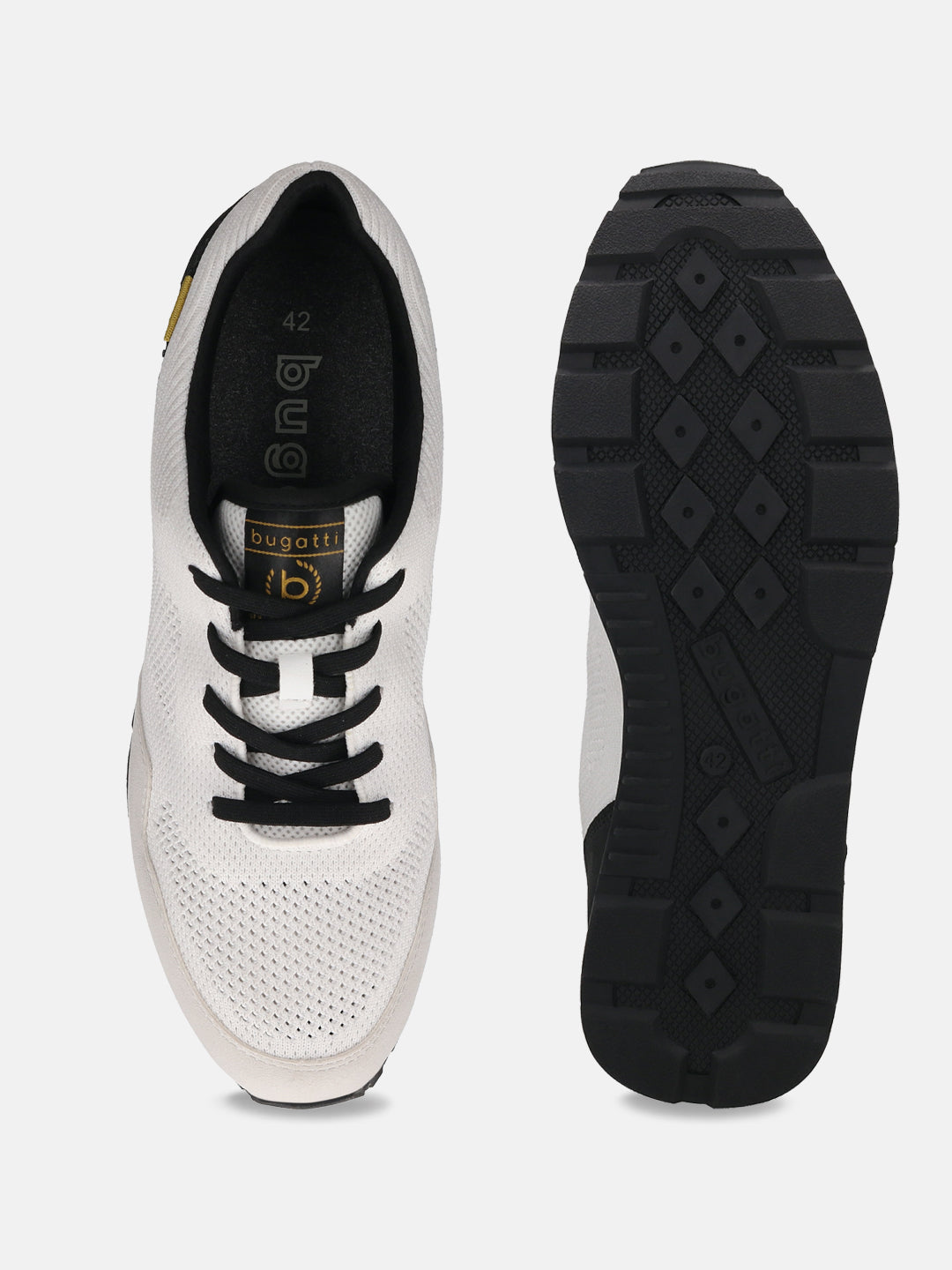 White Bugatti Sacramento comfort sneakers with black laces and soles, shown from above and sole view.
