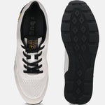 White Bugatti Sacramento comfort sneakers with black laces and soles, shown from above and sole view.
