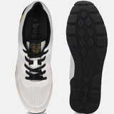 White Bugatti Sacramento comfort sneakers with black laces and soles, shown from above and sole view.

