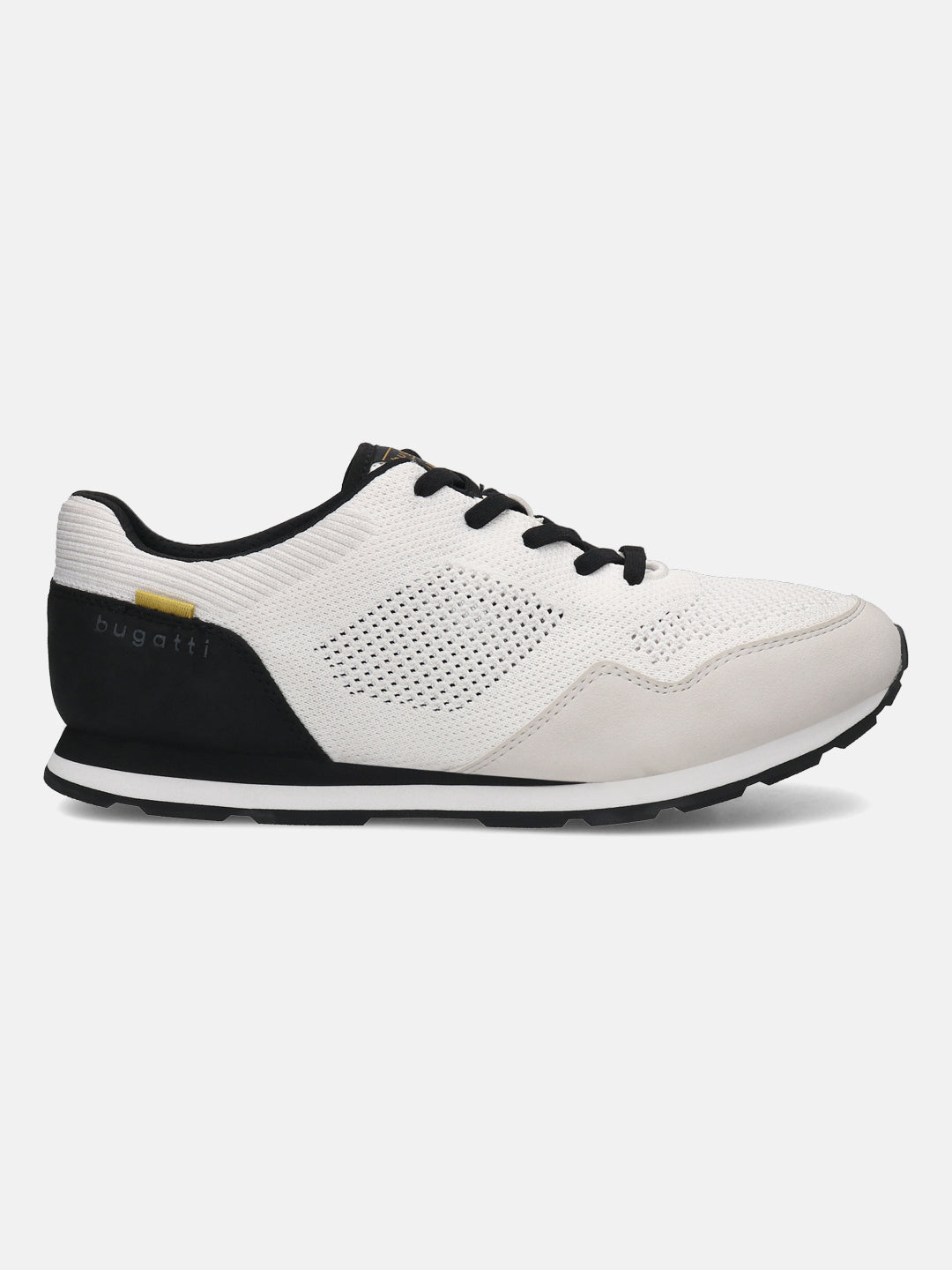 Side view of a Bugatti Sacramento sneaker in white with black accents and a lace-up closure.