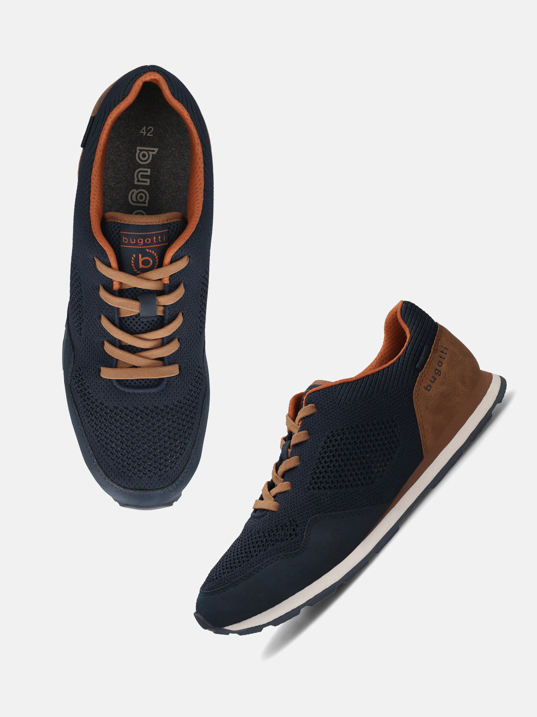 Bugatti Sacramento Comfort Sneakers in dark blue knit with brown suede accents and matching laces.
