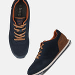 Bugatti Sacramento Comfort Sneakers in dark blue knit with brown suede accents and matching laces.
