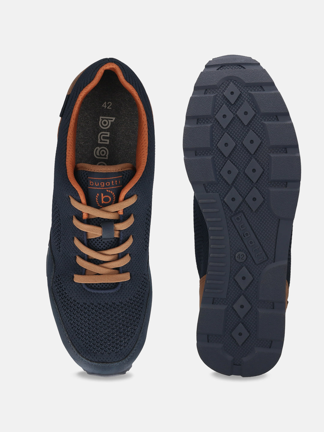 Bugatti Sacramento comfort sneakers in dark blue, shown with brown laces and trim, and patterned soles.
