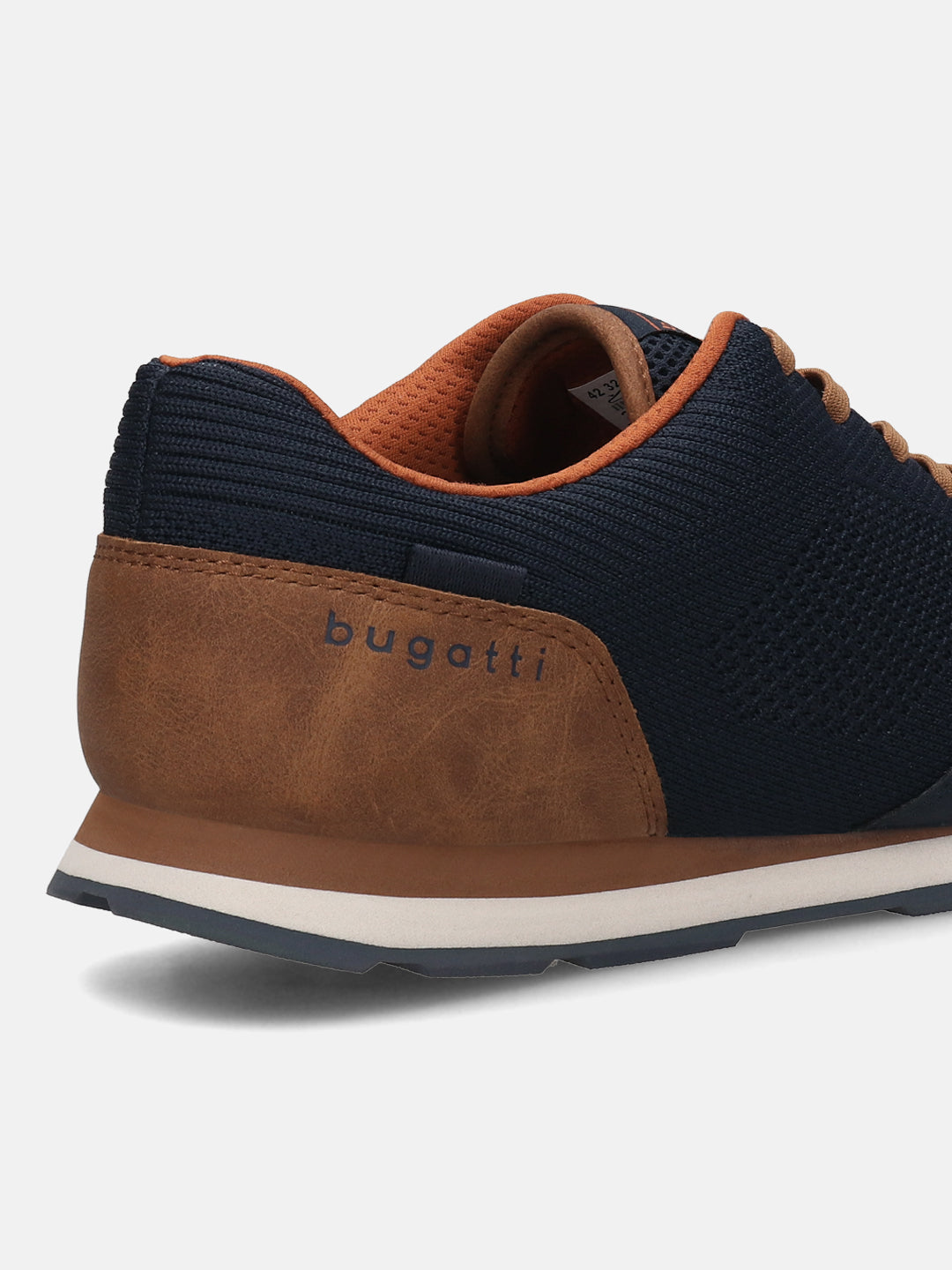 Cropped back view of a bugatti Sacramento Comfort Sneaker in dark blue with brown accents.
