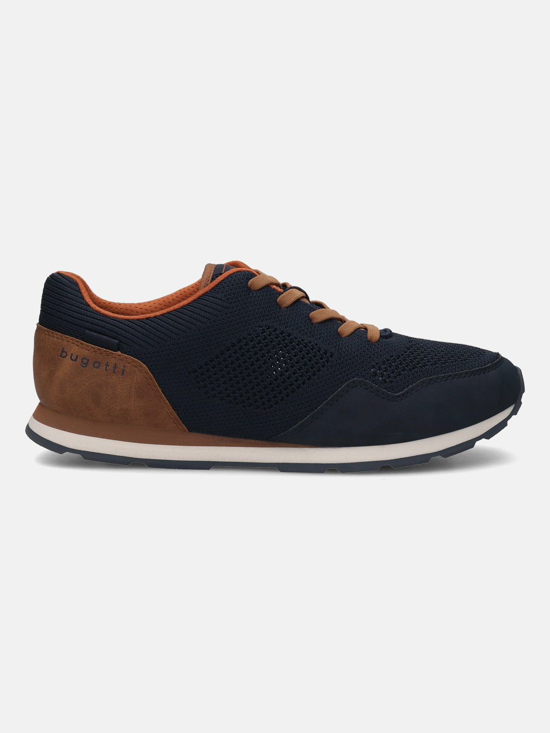 bugatti Sacramento sneaker in dark blue with brown accents, featuring a mesh upper and suede heel detail.
