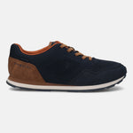 bugatti Sacramento sneaker in dark blue with brown accents, featuring a mesh upper and suede heel detail.