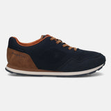 bugatti Sacramento sneaker in dark blue with brown accents, featuring a mesh upper and suede heel detail.