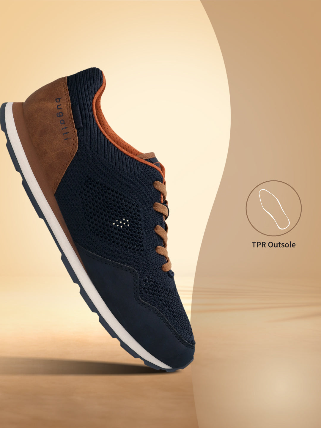 Side view of a bugatti Sacramento Comfort Sneaker in dark blue with brown accents and a white sole.
