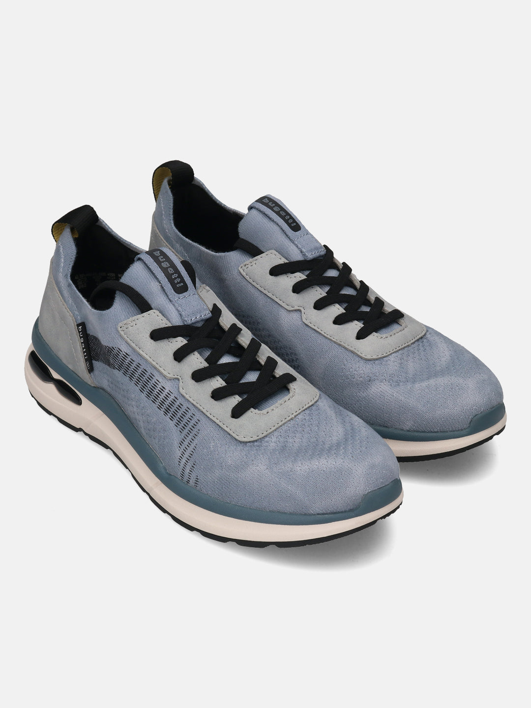 Bugatti Sandar comfort athleisure sneakers in light blue with black laces and a gray accent panel.
