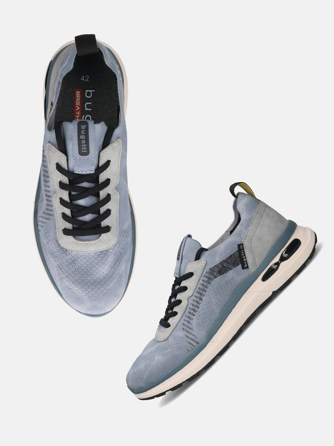 bugatti Sandar blue athleisure sneakers with black laces, suede and mesh upper, and a cushioned sole.