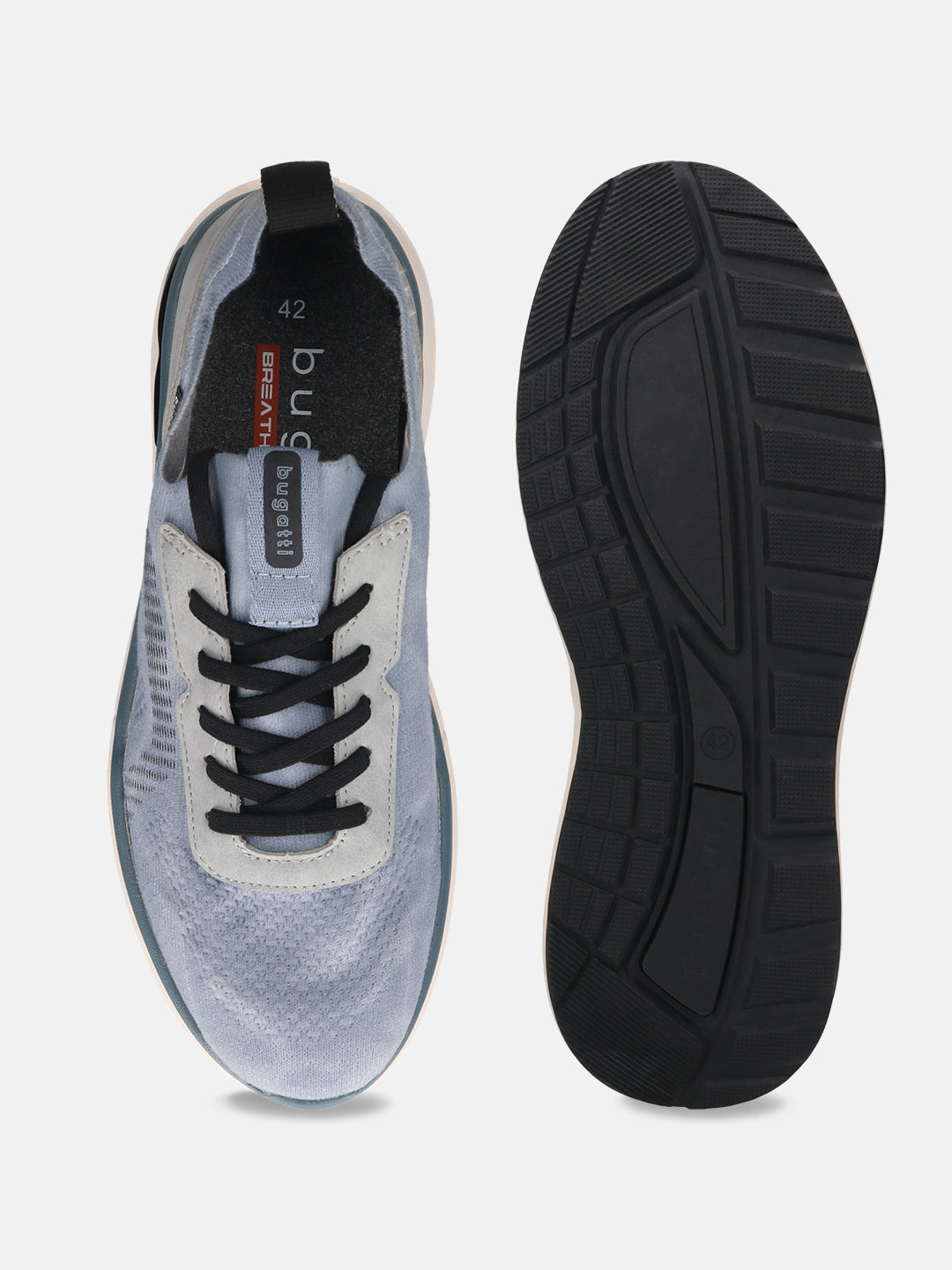Bugatti Sandar blue athleisure sneakers with black laces and black soles, shown from above.