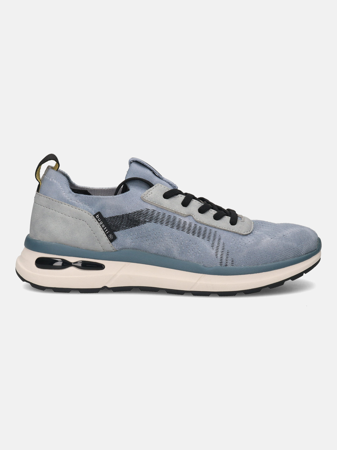 Side view of the bugatti Sandar blue athleisure sneaker featuring a textured finish and black laces.
