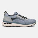 Side view of the bugatti Sandar blue athleisure sneaker featuring a textured finish and black laces.