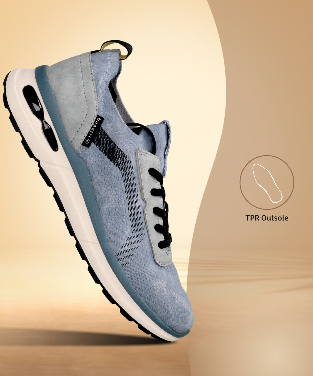 Side view of a blue bugatti Sandar Athleisure sneaker with black laces, a white sole, and grey suede accents.
