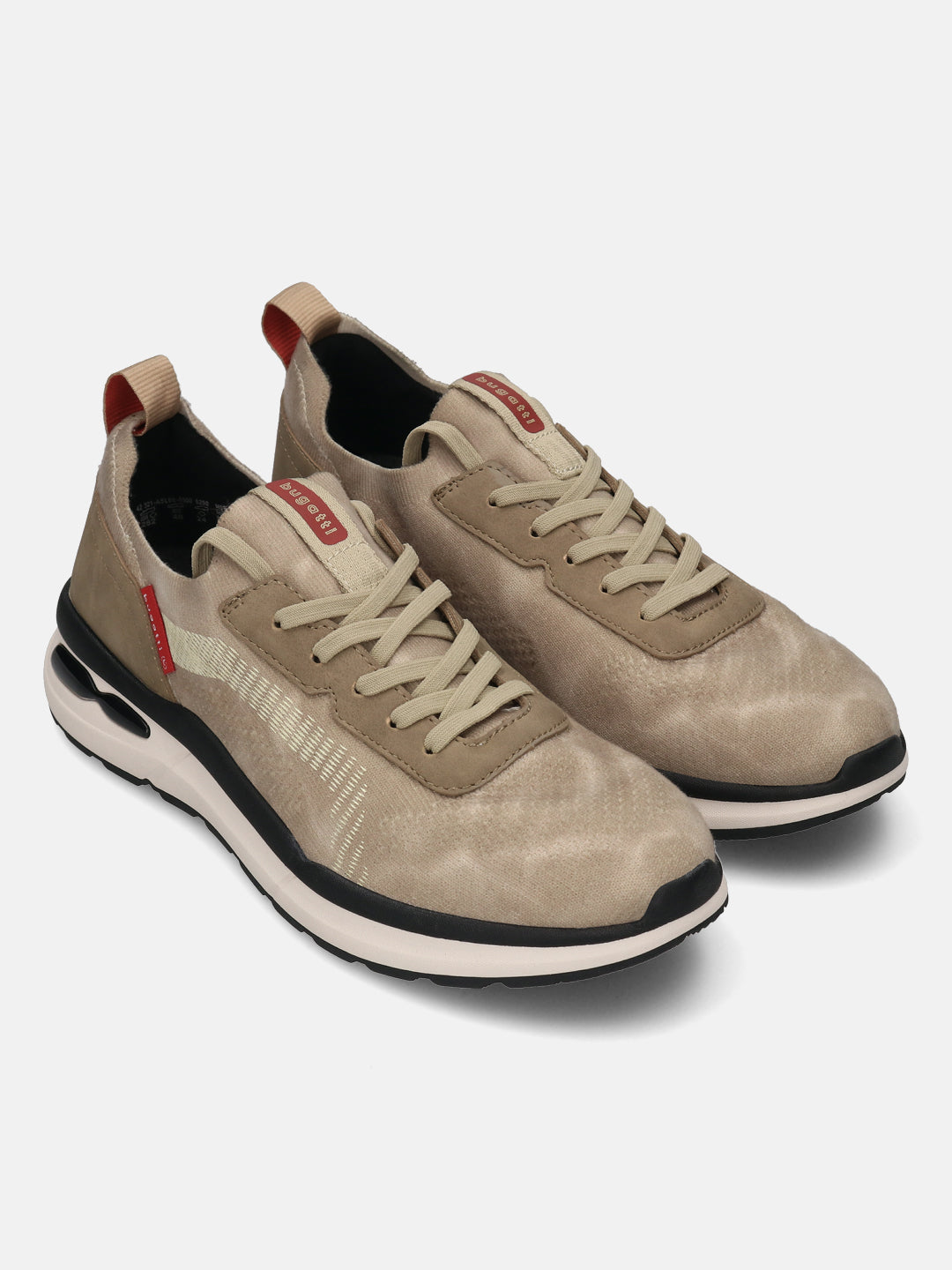 bugatti Sandar beige Athileisure Sneakers with light tan laces, a textured beige surface, and red heel detail.
