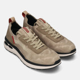 bugatti Sandar beige Athileisure Sneakers with light tan laces, a textured beige surface, and red heel detail.
