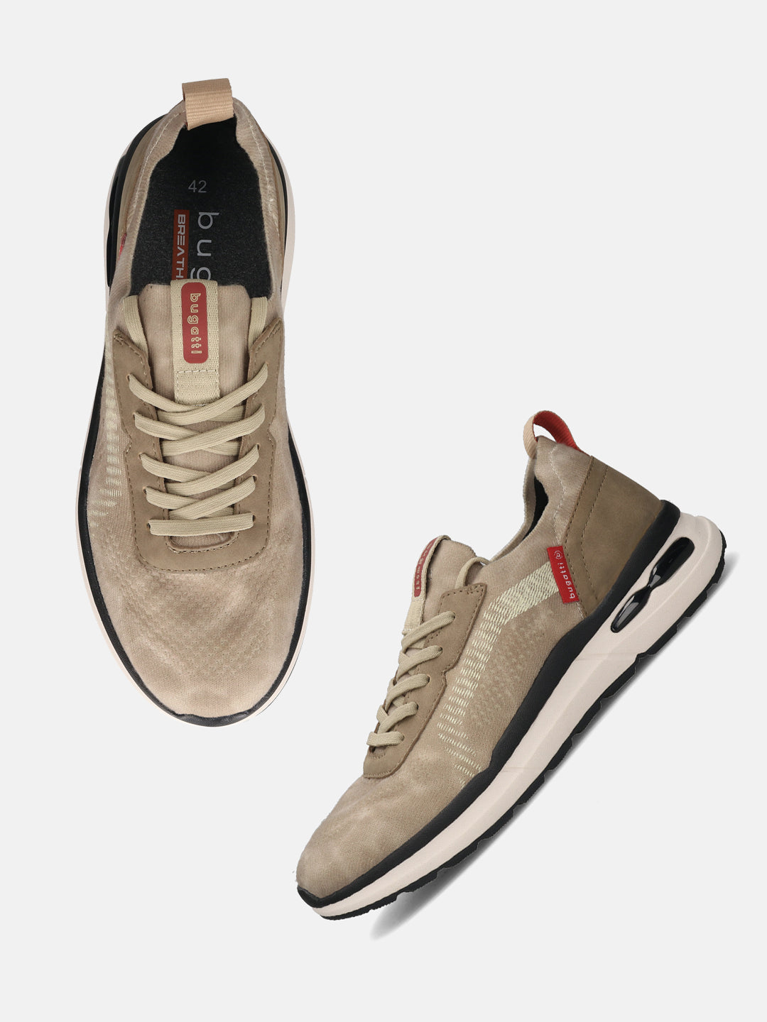 Bugatti Sandar beige athleisure sneakers, featuring suede-like texture, white patterned side panels, and black sole accents.