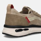 Cropped back view of a beige bugatti athleisure sneaker with a black and off-white sole.
