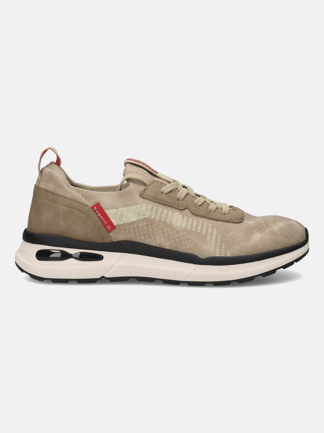 bugatti Sandar beige comfort athleisure sneaker, visible from the side, with a suede leather material and subtle woven pattern.
