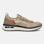 bugatti Sandar beige comfort athleisure sneaker, visible from the side, with a suede leather material and subtle woven pattern.
